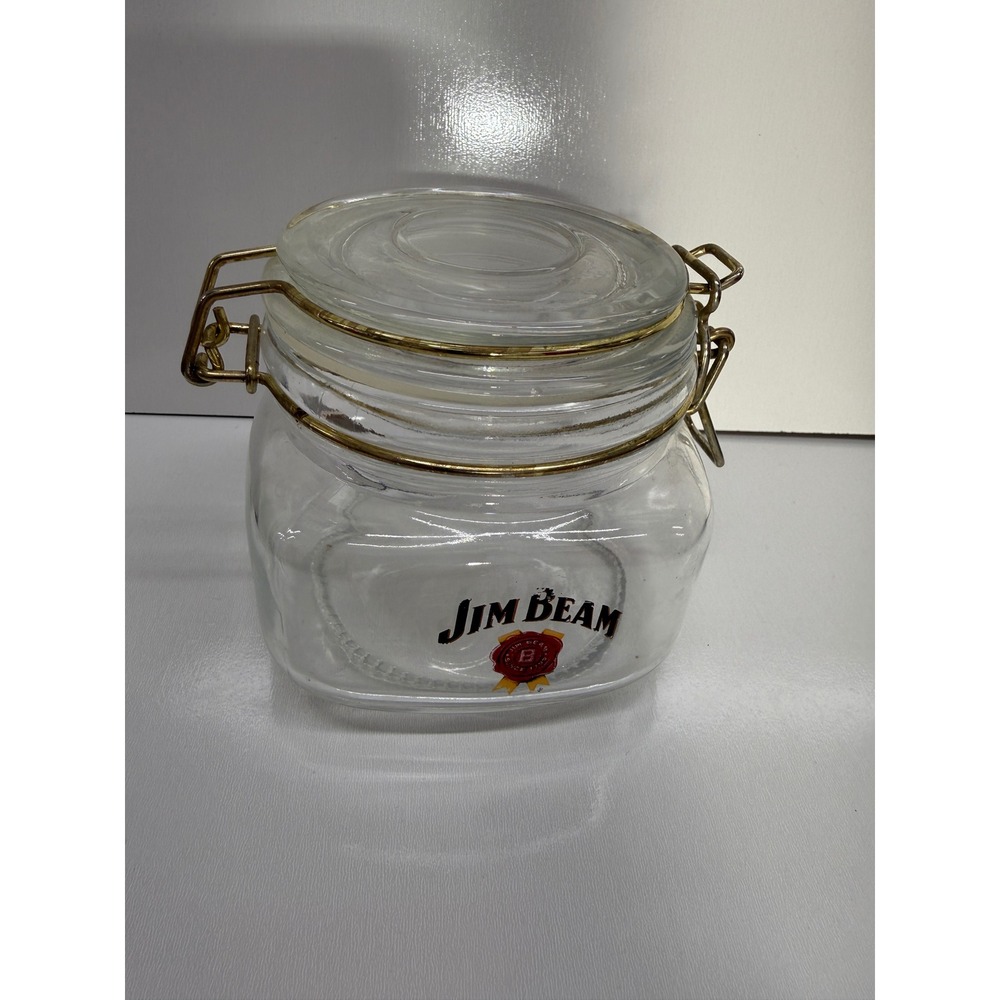 Jim Beam Glass Storage Jar with Wire Bale Flip Top Lid Vintage Bourbon Barware